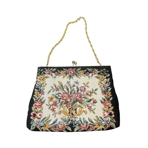 VTG Petit Point Embroidered Purse Floral Design Gold Shoulder Strap Hong Kong - Picture 2 of 9